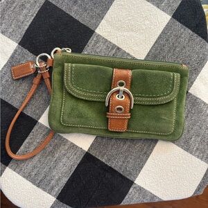Coach Green Suede Wristlet with Brown Accents